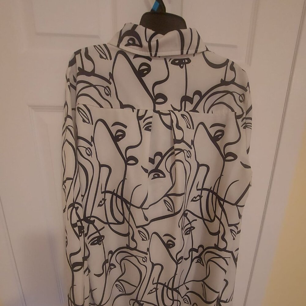 Abstract Line Art Black & White Button-Up Top